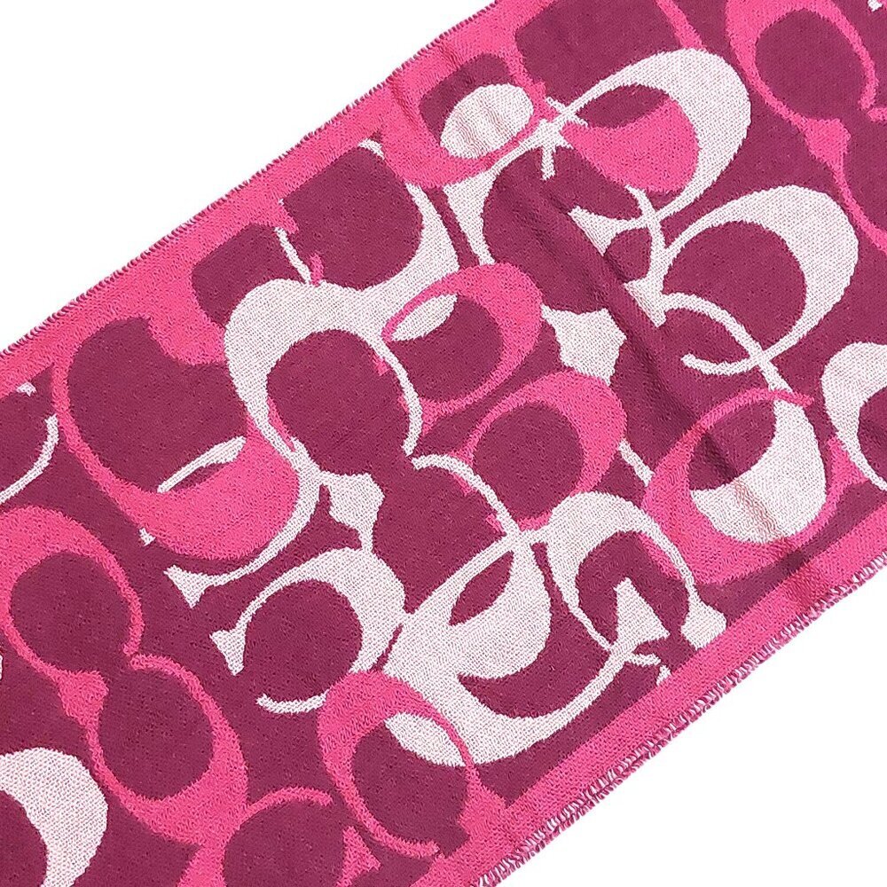 COACH Pink Multi-Color Monogram C Logo Merino Wool Pre-owned Fringed Scarf - Picture 3 of 16